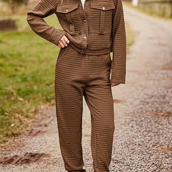 Comfy casual sophisticated loungewear set w/ Cafe Brown quilted shacket XL(16) - Picture 2 of 13